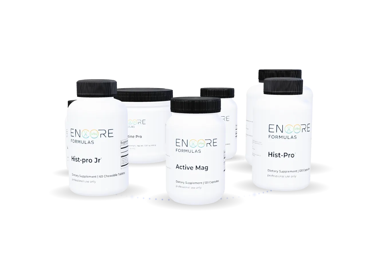 Seven Encore Formulas bottles arranged in an orbit